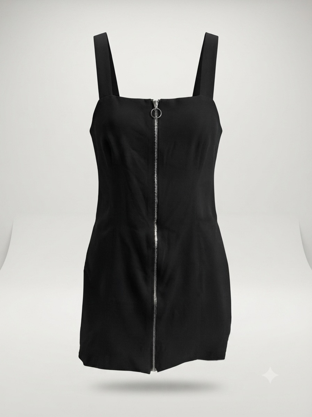 Iris Black Denim Zip Front Mini Dress L Large Ring Pull Square Neck Bodycon